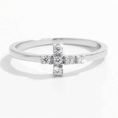 1개 패셔너블한 작고 정교한 빛나는 클래식 종교 925 실버 큐빅 지르코니아 십자가 반지, 여성의 일상 출퇴근, 데이트, 우아함 과시, 선물에 적합