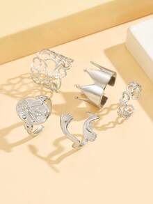 5pcs/Set Fashion Multi-Element Crown Open Ring, Stainless Steel Hollow Heart Ring, Waterproof Non-Fading Finger Jewelry For Women, Holiday Gift & Party Wear - Multiple Elements - View 12