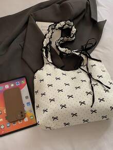 Niche Polka Dot Canvas Bag With Bow Detail, Sweet And Girly Style, Drawstring And Pleats, Suitable For Everyday Student Commuting, Shoulder Bag. - White - View 10