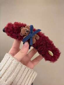 1pc Women's Plush Teddy Bear Bow Hair Clip - Soft Plush Teddy Bear Hair Accessory - Multicolor - View 5