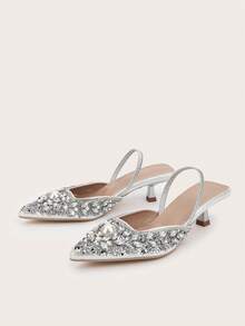 Giày sandal nữ cao cấp đính đá lấp lánh, gót kim loại, mũi nhọn, kiểu dáng slip-on, chất liệu bóng bẩy, thời trang và thanh lịch, thích hợp cho các bữa tiệc và trang phục trang trọng, gót thấp. - Bạc - Xem 2
