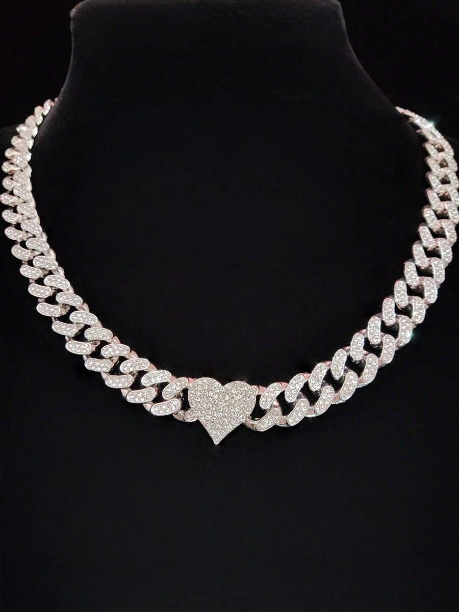 1条13毫米水晶心形链项链，女士时尚嘻哈心形链项链，适合日常佩戴或参加派对，情人节礼物 - 銀色 - 查看 1
