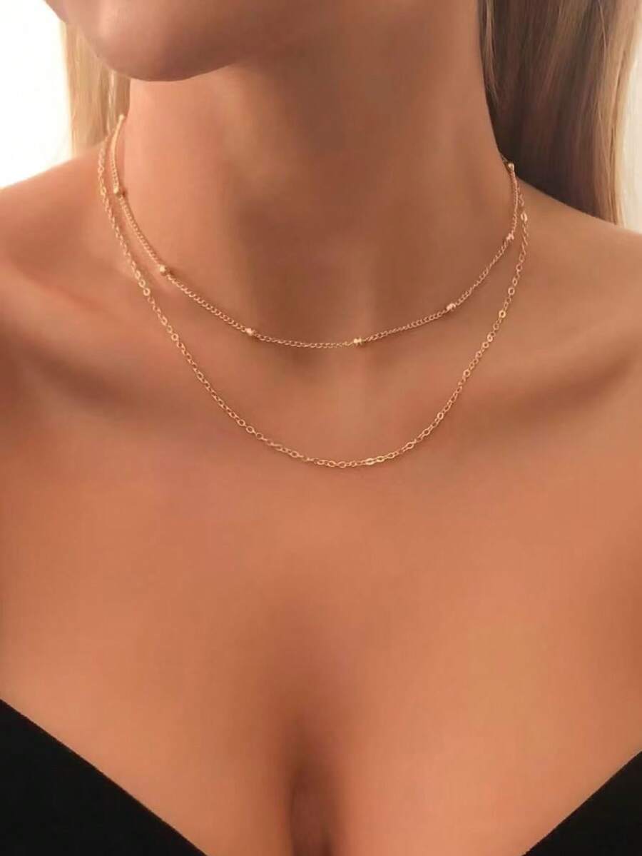 1pc Women's Gold Metal Minimalist Double-Layer Necklace, Suitable For All Seasons, Casual, Versatile - Gold - View 1
