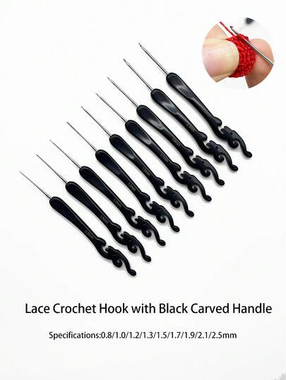 9pcs Lace Crochet Hook Set, 0.8-2.5mm With Carved Black Handles, Classic Design Combined With Fashionable Crocheting, Suitable For DIY Super Fine Yarn And Lace Projects