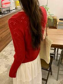 Women's Elegant Hollow-Out Knit Lightweight Cardigan - Red - View 2