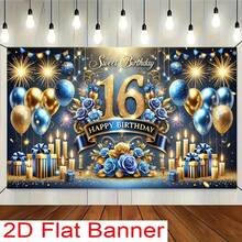 1 pieza Pancarta para fiesta de 16 cumpleaños, hecha de poliéster, decorada con números dorados brillantes y rosas azules y caja de regalo, adecuada para celebración de 16 cumpleaños - 20 - Ver 1
