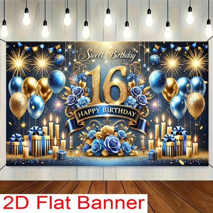 1 pieza Pancarta para fiesta de 16 cumpleaños, hecha de poliéster, decorada con números dorados brillantes y rosas azules y caja de regalo, adecuada para celebración de 16 cumpleaños - 20 - Ver 1