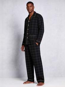 Snug League 男士格子睡衣套装，纯棉长袖上衣和长裤，透气吸汗，适合春秋季和秋冬季穿着。 - 黑色 - 查看 1