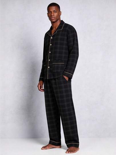 Snug League 男士格子睡衣套装，纯棉长袖上衣和长裤，透气吸汗，适合春秋季和秋冬季穿着。