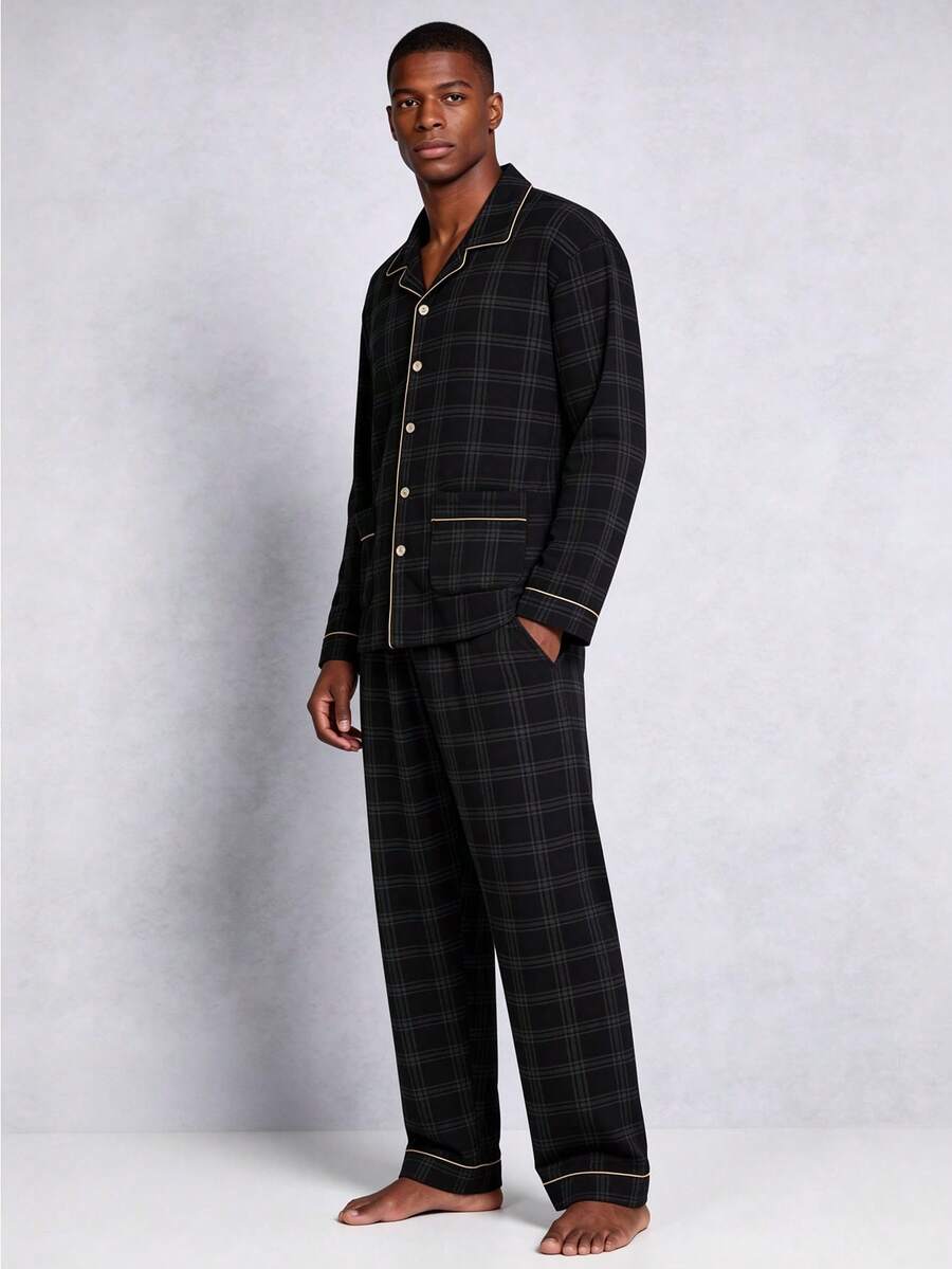 Snug League 男士格子睡衣套装，纯棉长袖上衣和长裤，透气吸汗，适合春秋季和秋冬季穿着。 - 黑色 - 查看 1