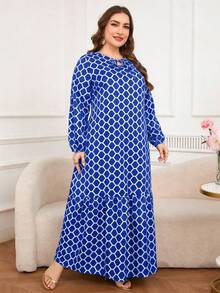 DEARCASE Plus Size Women Casual Commuter Geometric Print Long Sleeve Dress Elegant Vacation - Blue - View 4