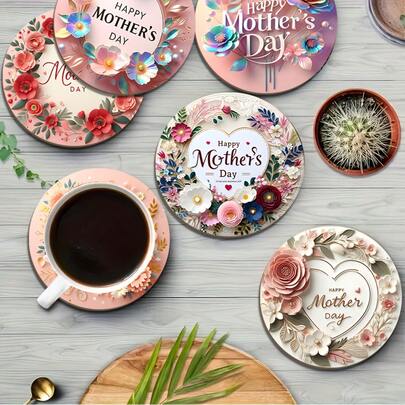 6pcs Floral Wooden Coasters, 3.9 Inch Heat-Resistant Non-Slip Placemats, Ideal For Home, Office And Mother's Day Themed Parties, Perfect Mother's Day Gift