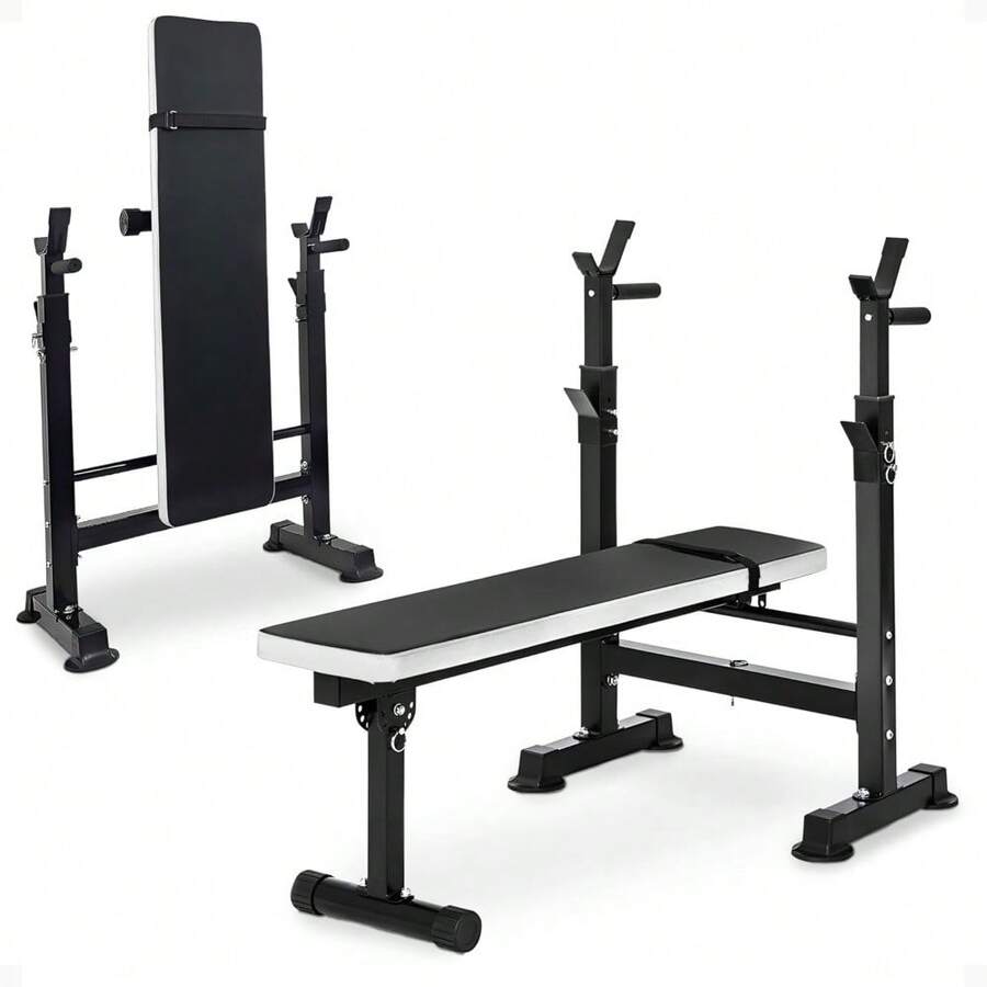 Steel Weight Bench W/ Squat Rack In Multiple Colors, 400 Lb User Capacity - Foldable Home Gym Equipment For Range Of Workouts W/ 6-Position Barbell Holder & Adjustable Seat And Recliner - Đen/Trắng - Xem 1