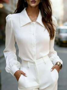 Blusa blanca elegante de manga larga para mujer, con cuello de camisa, detalles de botones, tela tejida, semi transparente, ajuste regular para primavera - Blanco - Ver 2