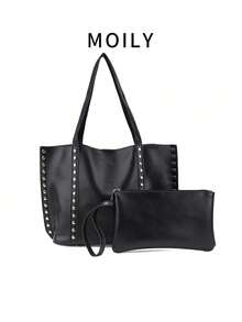 黑色大容量通勤手提包女士时尚铆钉装饰单肩包，独特元素优雅绒面设计手提包，适合约会、日常、购物、海滩度假等各种场合 - 黑色 - 查看 2