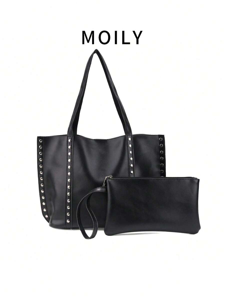 黑色大容量通勤手提包女士时尚铆钉装饰单肩包，独特元素优雅绒面设计手提包，适合约会、日常、购物、海滩度假等各种场合