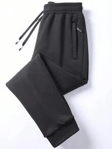 Men's Loose Casual Sports Pants, Soft Fabric, Side Zipper Pockets, Drawstring Waist, Solid Color, All-Season Outdoor Pants - Black - View 3