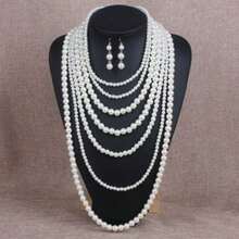 2pcs/Set Necklace And Earrings Jewelry Set, European And American Chunky Pearl Necklace, Multi-Layer Faux Pearl Tassel Necklace Set - White 4 - View 4