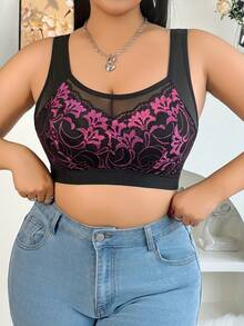 Purple Leaf Lace Patchwork Plus Size Wireless Bra, Soft And Skin-Friendly Fabric - Purple - View 3
