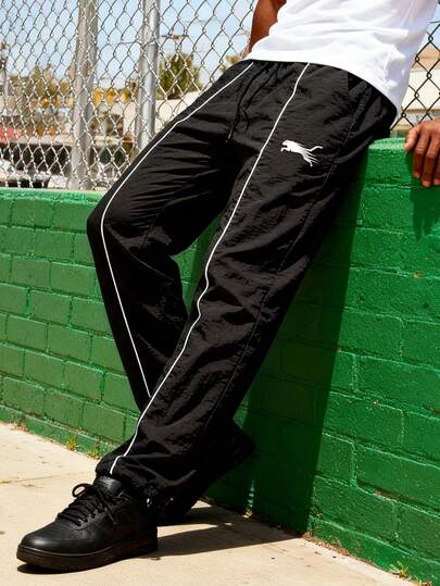 Quần dài nam in chữ, cạp chun, kiểu dáng thường ngày, ống thẳng, có dây rút, phù hợp cho mặc hàng ngày, thể thao ngoài trời, tập gym, quần thể thao.