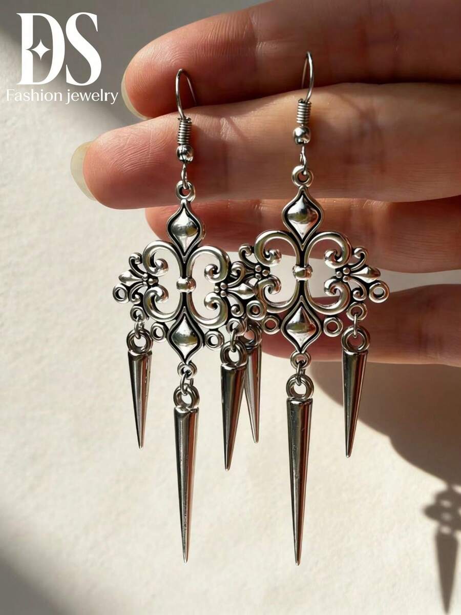 1 par de pendientes con flecos de estilo gótico, minimalistas y versátiles, adecuados para usar en fiestas - Plateado - Ver 1