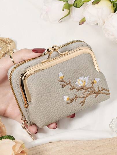 محفظة نسائية مطرزة بزهور اللوز، محفظة جلد صناعي قصيرة مع سحاب وإبزيم، حقيبة نقود متعددة الوظائف ذات سعة كبيرة للنساء، حامل عملات معدنية وبطاقات، هدية عصرية خفيفة الوزن مناسبة للأعمال الرسمية، عيد المعلم، الذكرى السنوية، هدايا عيد ميلاد للسيدات والموظفات