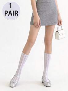1 đôi tất dài đến đầu gối màu trắng, chất liệu lụa mỏng, thoáng khí, thích hợp cho nữ, thích hợp mặc hàng ngày, dành cho mùa xuân/hè. - trắng - Xem 2