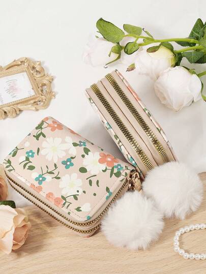 Decorado con un encanto de pompón de peluche, billetera de monedas floral versátil, organizador de tarjetas con doble cremallera para almacenar tarjetas de crédito, moda ligera y moderna, para aniversario, para Navidad, en el Día de San Valentín, para regalo de cumpleaños, para regalo, para amante, para mujeres, para niñas, para señoras, para damas, útiles escolares para la escuela, dormitorio y vuelta al cole