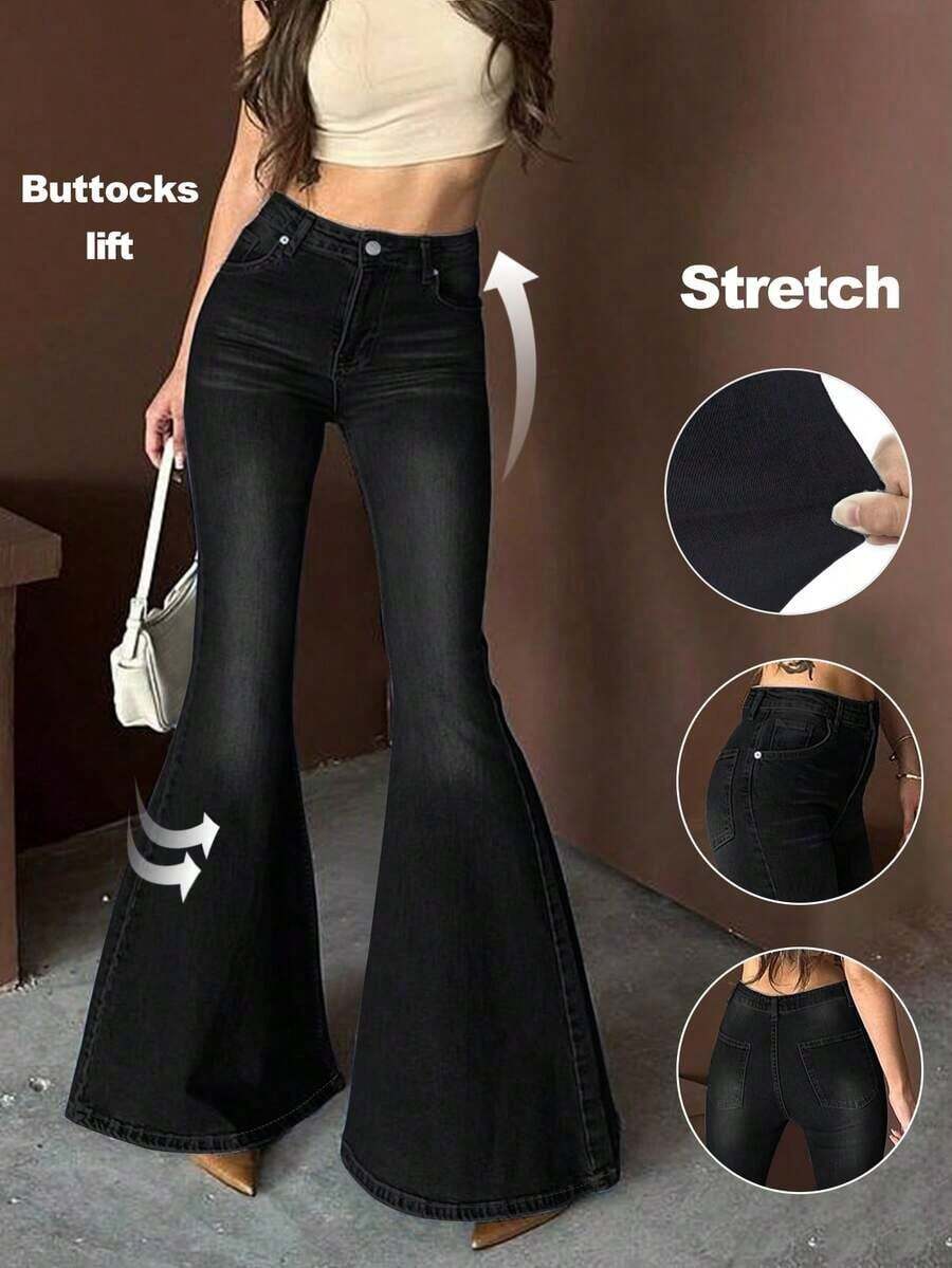 High Waist Elastic Black Flare Jeans, Y2K Style Washed Flare Pants, Elegant Retro Sexy Flare Pants, Summer 2026 - 深色洗 - 查看 1