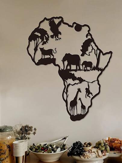 1 stuk metalen wanddecoratie met Afrikaanse kaart - Silhouet van olifant en andere wilde dieren - Decoratie voor woonkamer, kantoor of terras - Ophangdecoratie voor binnen en buiten - Eenvoudige installatie - Landschapskunstwerk van het Afrikaanse continent, metalen creatie met olifantensilhouet