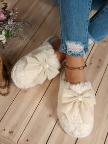 女士仿毛皮蝴蝶结拖鞋，流行跨境拖鞋 - 杏色 - 查看 2