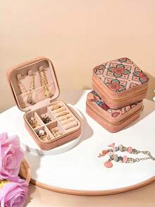 1pc Retro Printed Mini Jewelry Box, Can Store Earrings, Rings, Necklaces, Travel Storage Box, Elegant Printed Jewelry Box - Multicolor - View 6