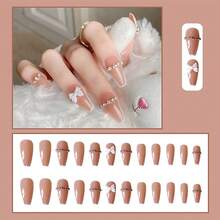 24pcs Medium Square French Tip Nail Stickers, White Color With Rhinestone Bow Decor, Luxury Full Coverage, Suitable For Women & Girls Nails, Charm Dates, Office, Home Parties Nail Supplies - 彩色 - 查看 4