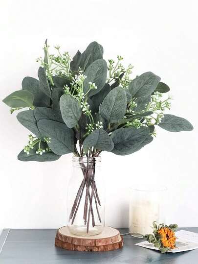 1支/6支/12支装人造桉树叶和茎，带白色种子，短银元形仿真绿植茎，人造花，适用于插花、婚礼花束、秋季装饰、桌面装饰、花园装饰、房间装饰、情人节、生日、毕业礼物