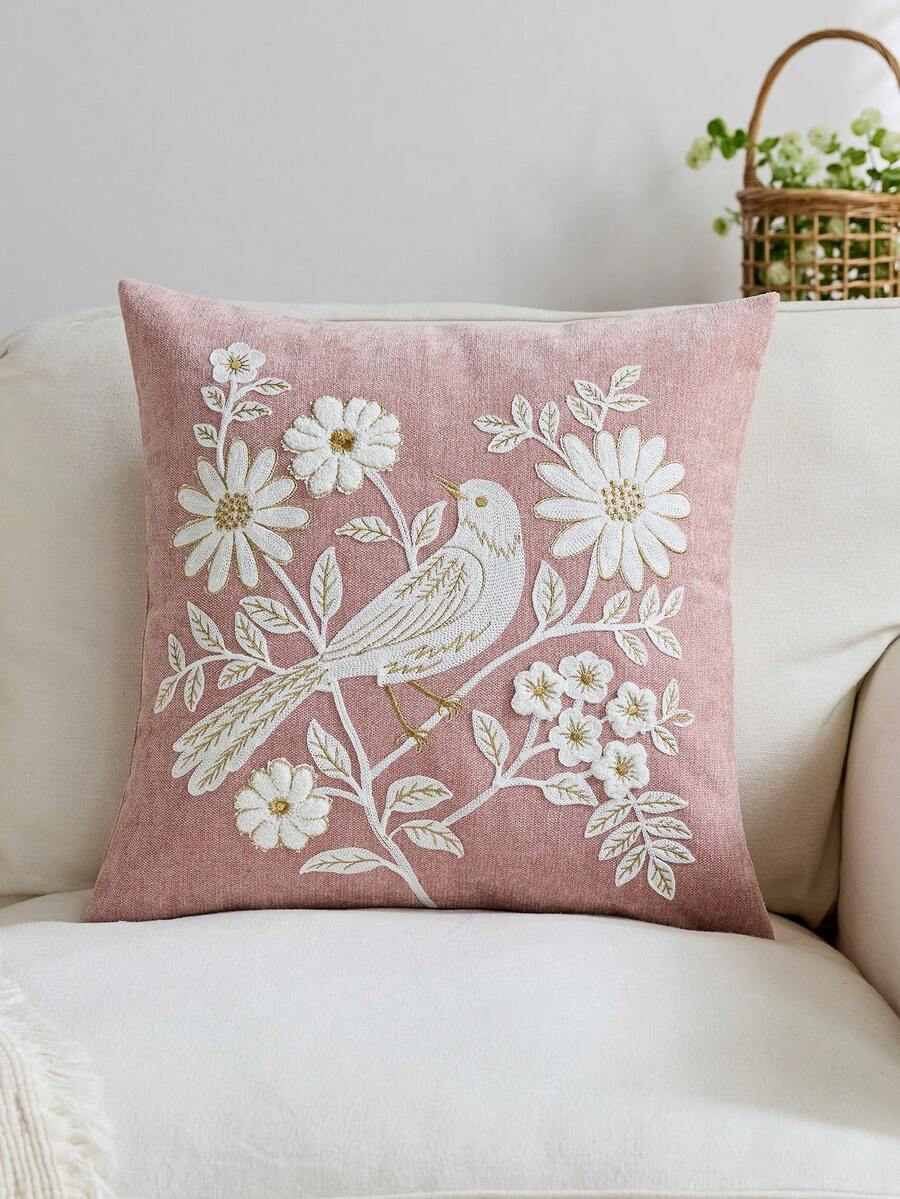1pc Spring/Summer Pink Floral Embroidered Decorative Pillow Cover, Suitable For Indoor Decor, Spring Flower Decor Cushion Cover, Applicable For All Seasons, Pillow Insert Not Included