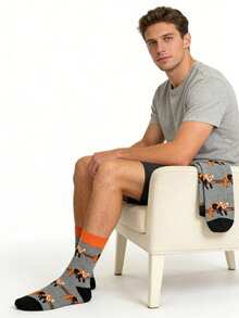 1双男士灰色和橙色熊猫图案中筒袜，适合所有季节休闲穿着 - 彩色 - 查看 5