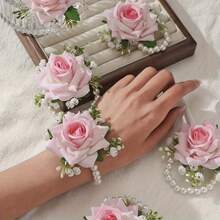 6 piezas Pulsera de flores de rosa blanca para novia y fiesta, adecuada para boda, aniversario, cena de gala - Ver 6