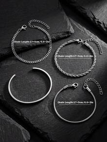 4pcs Minimalist Men's Silver Stainless Steel Bracelet, Personalized Delicate Adjustable Wristband For Daily Wear - Silver - View 5