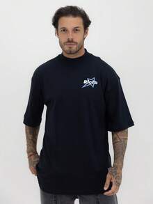 Camiseta Oversized Gola Alta Star Blue Alto Relevo Streetwear Algodão Premium - Preto - Visão 2