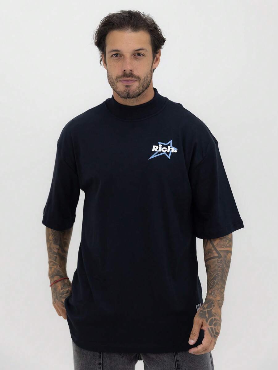 Camiseta Oversized Gola Alta Star Blue Alto Relevo Streetwear Algodão Premium