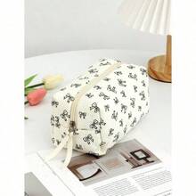 Cute Bow Make Up Bag Cute Bow Knot Pattern Toiletries Bag Travel Make Organizer Zipper Pouch, Quilted Cosmetics Bag, Stylish Foldable Commuter Makeup Bag For Brushes Aesthetic Cosmetic Bag For Gift, Friend, Girls, Student Quilted Floral Flower Zippered Makeup Bag Cute Floral Cosmetic Bag With Zipper Gift Storage Jewelry Organizer Box Bathroom Set Valentines Back To School Supplies - màu đen - Xem 2