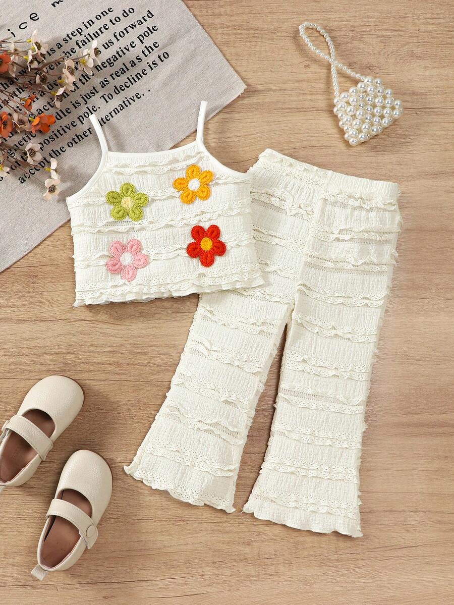 2pcs Baby Girl Fashionable Tassel Floral Crochet Strap Top And Casual Flare Pants Set, Suitable For Home Or Outdoor Wear - Apricot - View 1