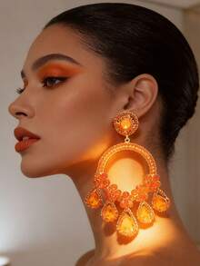 橙色串珠流苏耳环，波西米亚风大圆形水滴耳环，适合女性佩戴，可用于派对、婚礼、舞会等场合。 - 彩色 - 查看 4