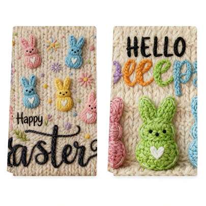2条复活节主题洗碗巾，3D卡通兔子针织风格厨房毛巾，春季装饰手巾，适合擦手和烹饪，可机洗，现代农舍风格装饰