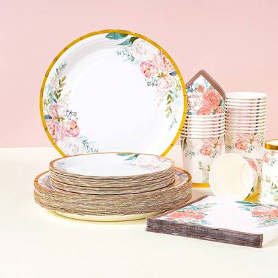 Bộ đồ dùng ăn uống dùng một lần in hoa văn, đĩa tiệc 7/9 inch, đĩa giấy dùng một lần, khăn ăn, cốc, thích hợp cho các dịp lễ, đám cưới, lễ đính hôn, sinh nhật, tiệc tùng, lễ kỷ niệm.