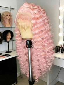 Light Pink Lace Front Wigs Long Synthetic Wigs Afro Kinky Curly For Women Party Transparent Kinky Curly Lace Frontal Wig 13x4 Rose Pink Color Wigs For Women Synthetic Lace Front Heat Resistant - 粉色 - 查看 6
