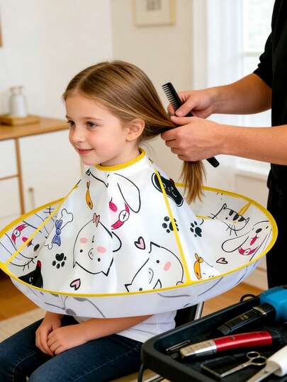 可爱卡通印花理发披肩 | 专业可折叠理发披肩，防头发堵塞沙龙理发袍，便携式美发工具，适用于沙龙和家庭使用
