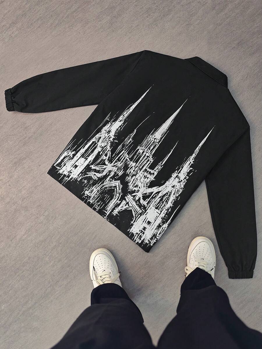 Men's Jacket, Abstract All-Over Print, Casual Turndown Collar, Zipper Closure, Lightweight Spring/Autumn Outerwear, Long Sleeve, Fashionable - Black - View 1