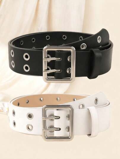 2pcs Square Buckle Leather Belt, Fashion Versatile Minimalist Decorative Waist Belt