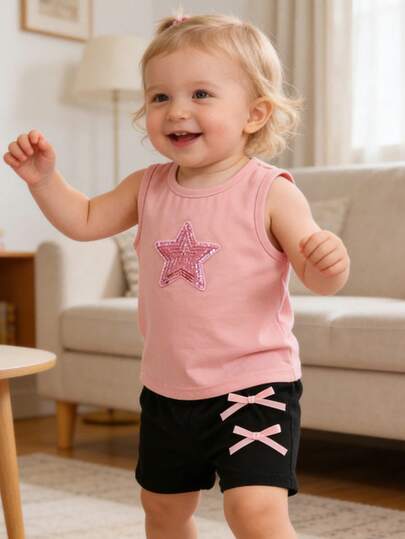 女童休闲可爱柔软舒适星形亮片刺绣圆领背心蝴蝶结装饰运动短裤套装，适合夏季日常穿着、度假、户外活动